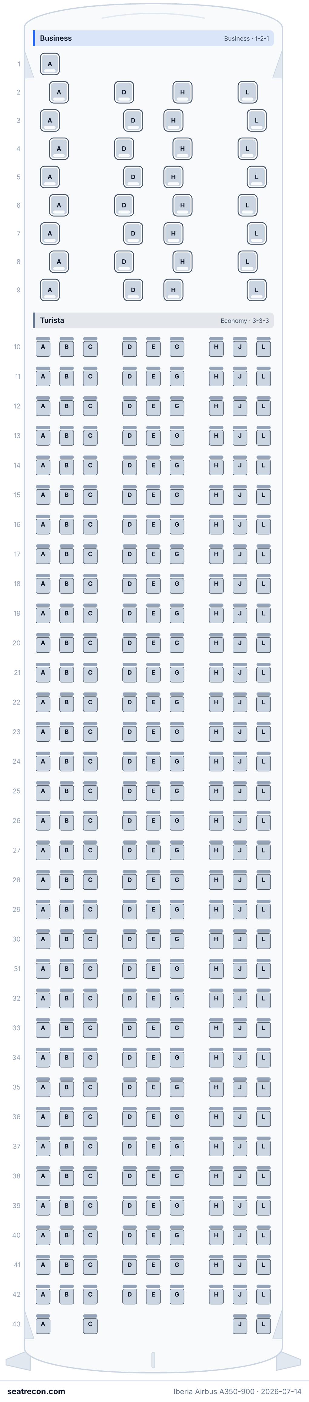 Iberia Airbus A350-900 seat map diagram — Business, Turista (334 seats)