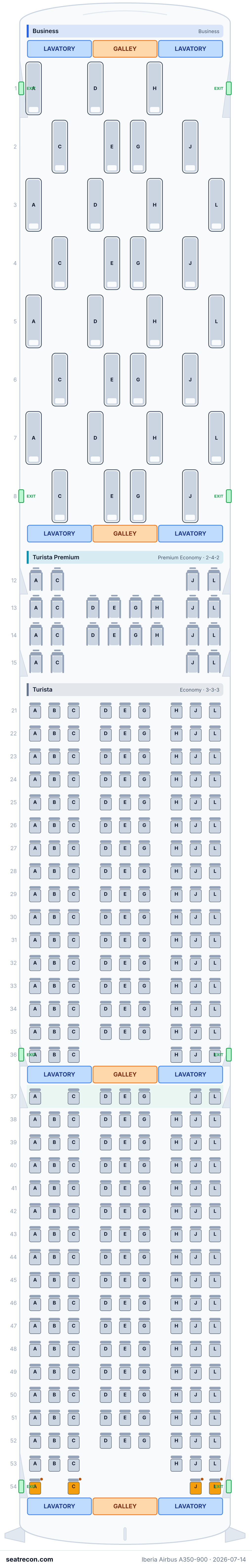 Iberia Airbus A350-900 seat map diagram — Business, Turista Premium, Turista (348 seats)