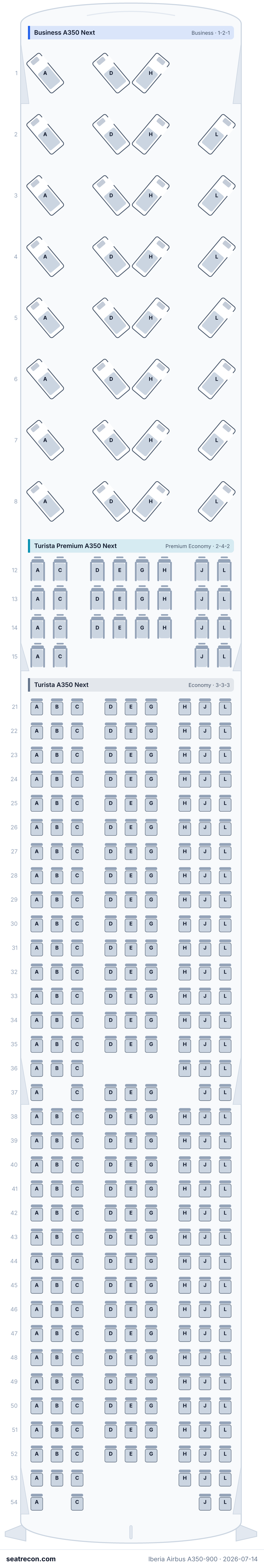 Iberia Airbus A350-900 seat map diagram — Business A350 Next, Turista Premium A350 Next, Turista A350 Next (352 seats)