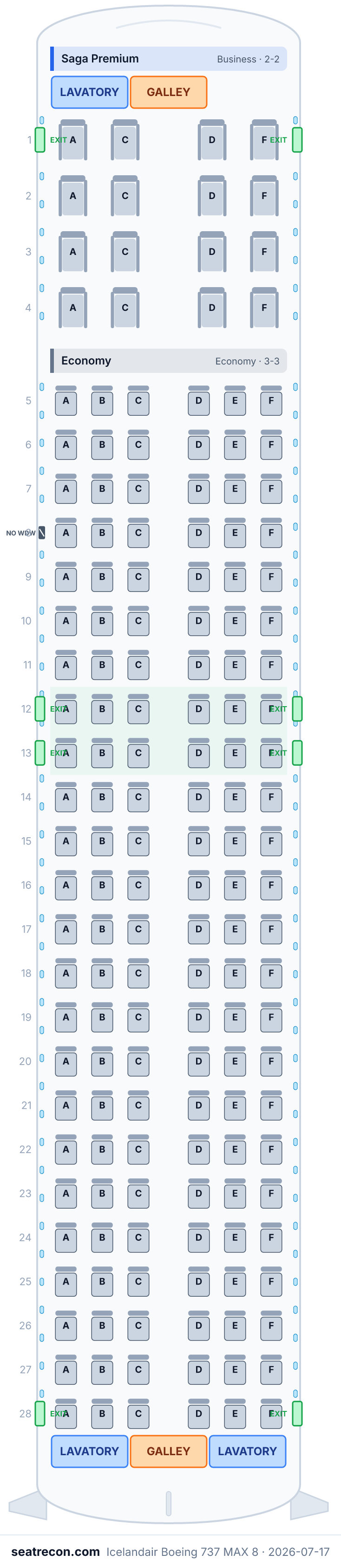 Icelandair Boeing 737 MAX 8 seat map diagram — Saga Premium, Economy (160 seats)