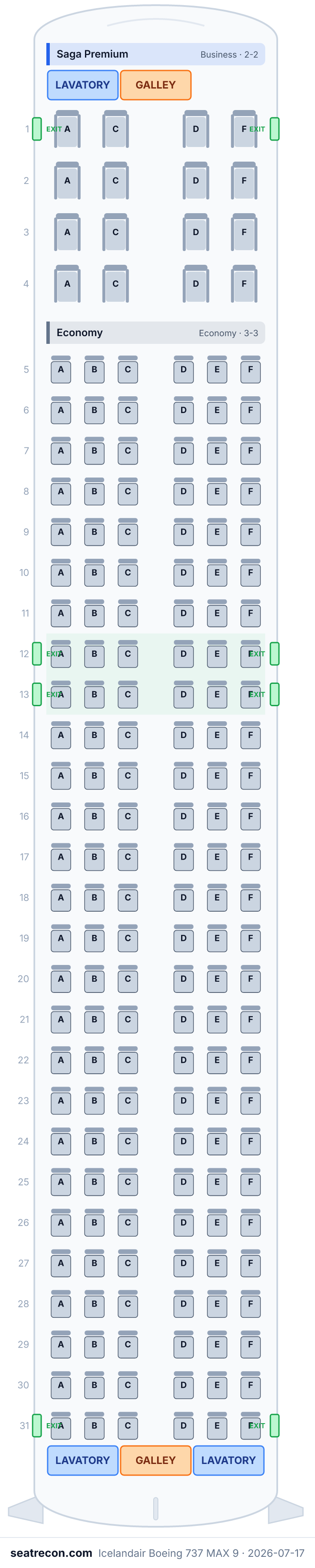 Icelandair Boeing 737 MAX 9 seat map diagram — Saga Premium, Economy (178 seats)