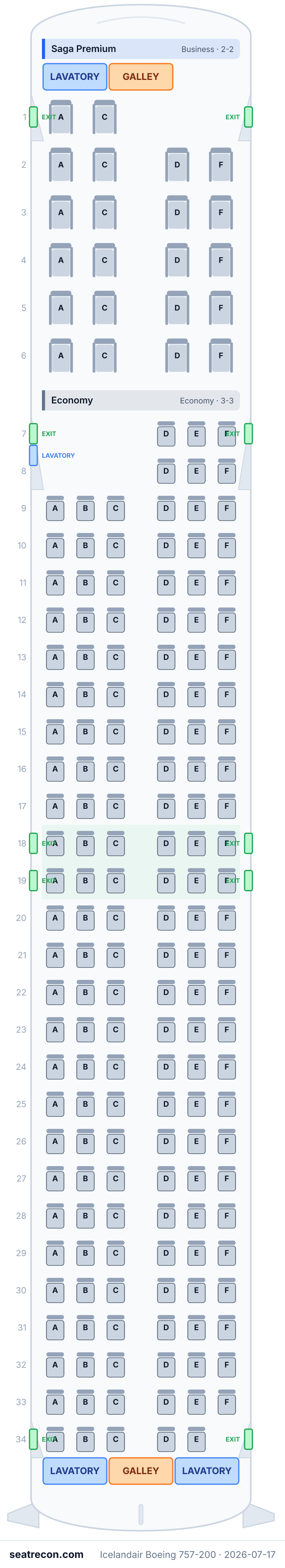 Icelandair Boeing 757-200 seat map diagram — Saga Premium, Economy (183 seats)