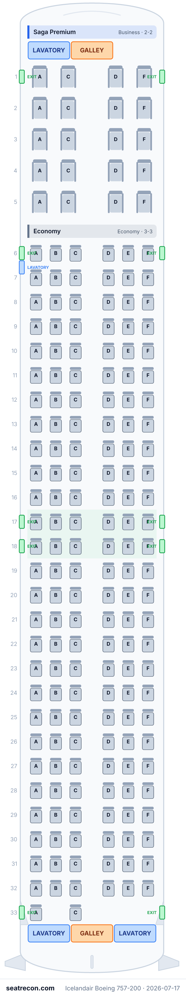 Icelandair Boeing 757-200 seat map diagram — Saga Premium, Economy (184 seats)