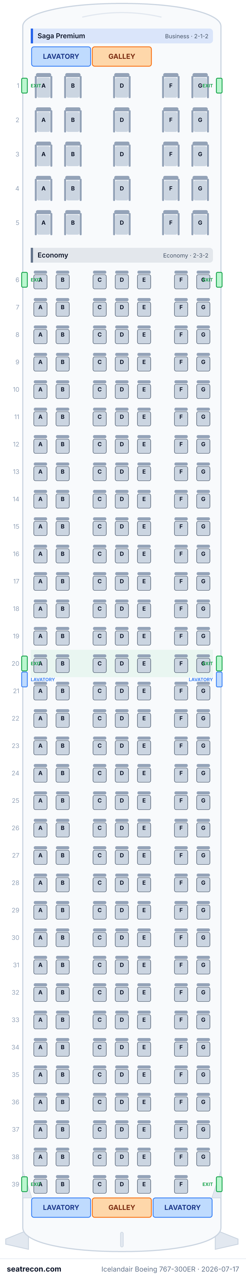 Icelandair Boeing 767-300ER seat map diagram — Saga Premium, Economy (262 seats)