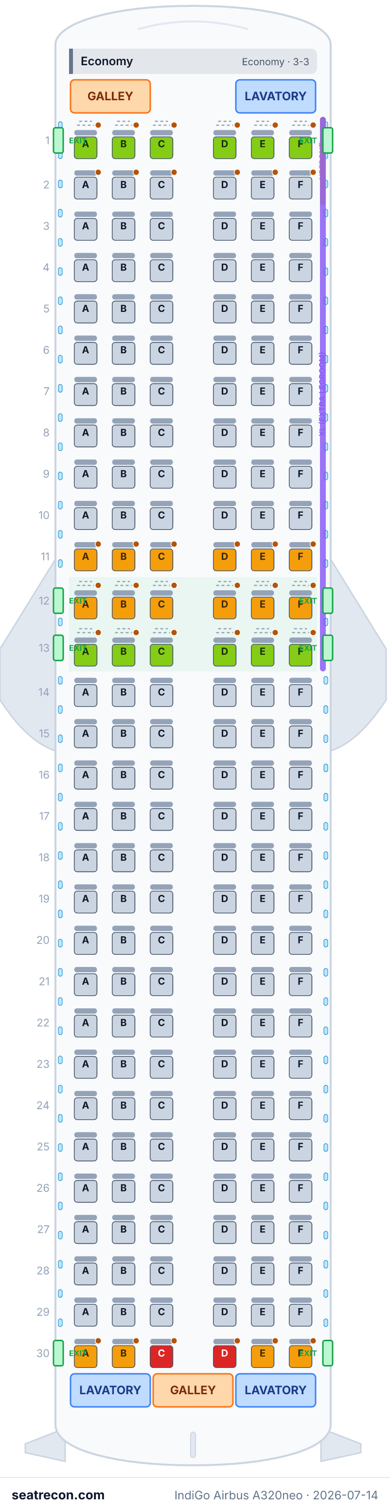 IndiGo Airbus A320neo seat map diagram — Economy (180 seats)