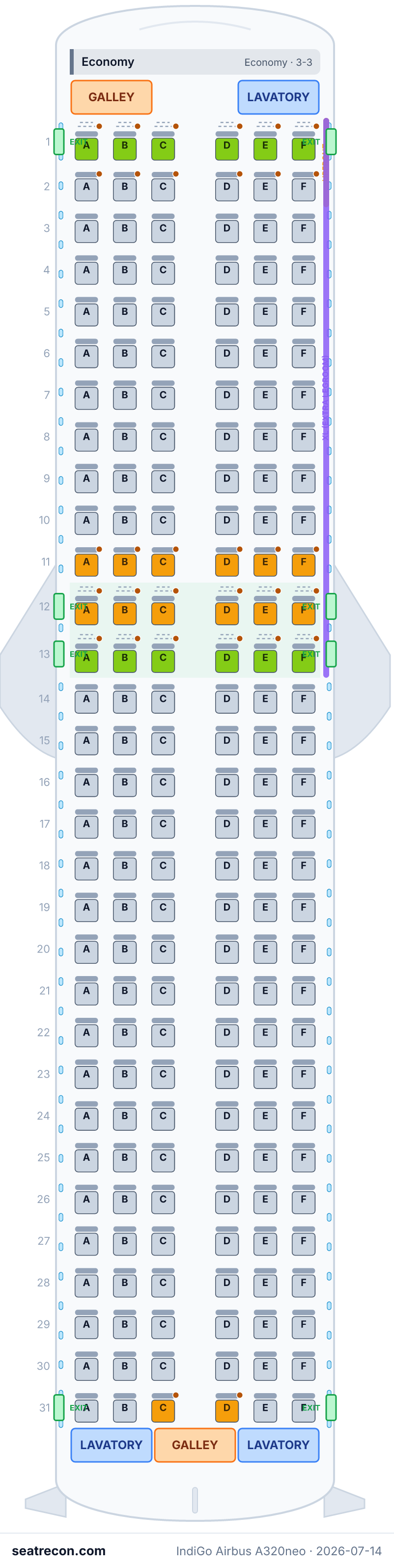 IndiGo Airbus A320neo seat map diagram — Economy (186 seats)