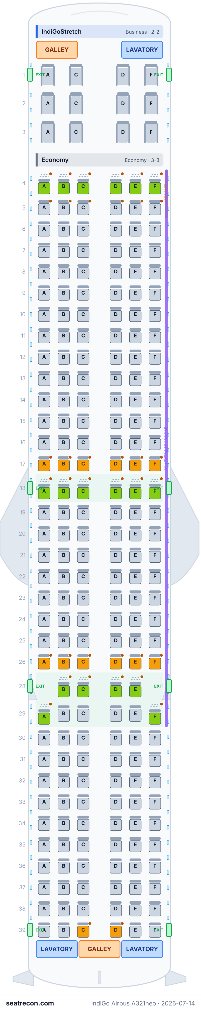 IndiGo Airbus A321neo seat map diagram — IndiGoStretch, Economy (220 seats)