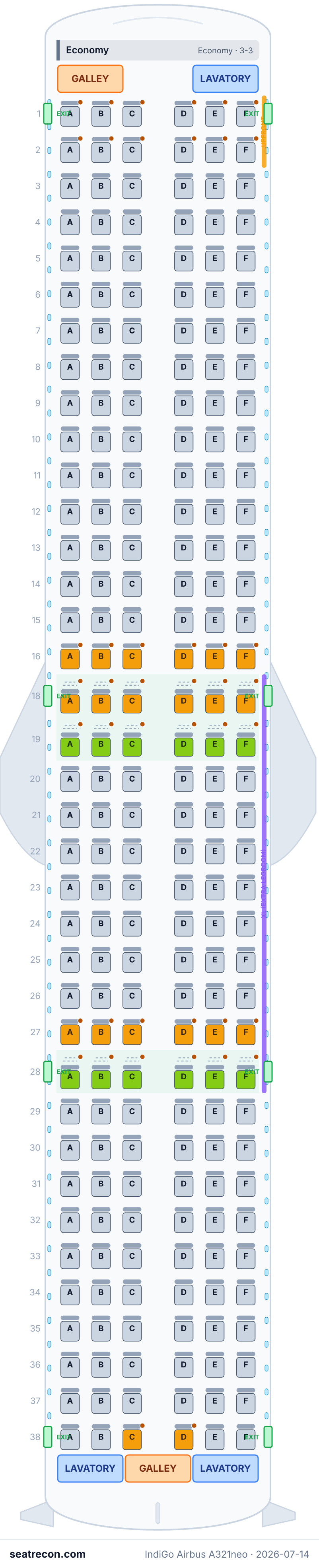 IndiGo Airbus A321neo seat map diagram — Economy (222 seats)