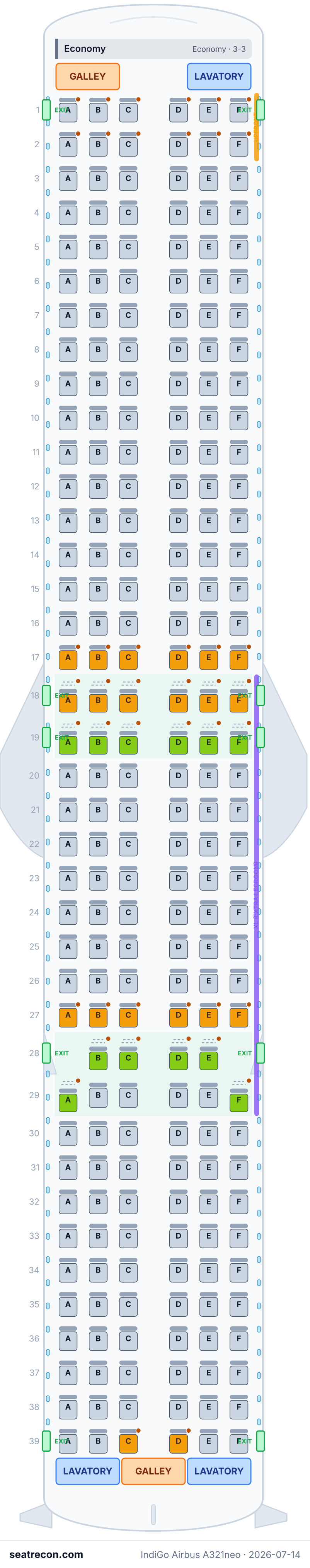 IndiGo Airbus A321neo seat map diagram — Economy (232 seats)