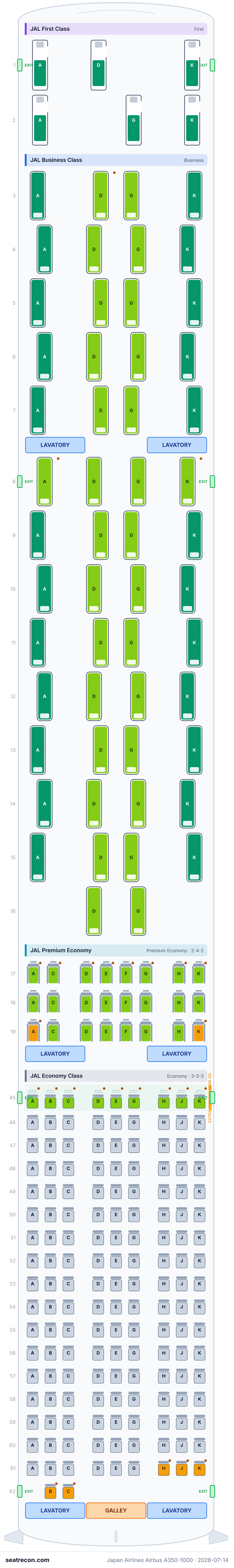 Japan Airlines Airbus A350-1000 seat map diagram — JAL First Class, JAL Business Class, JAL Premium Economy, JAL Economy Class (239 seats)