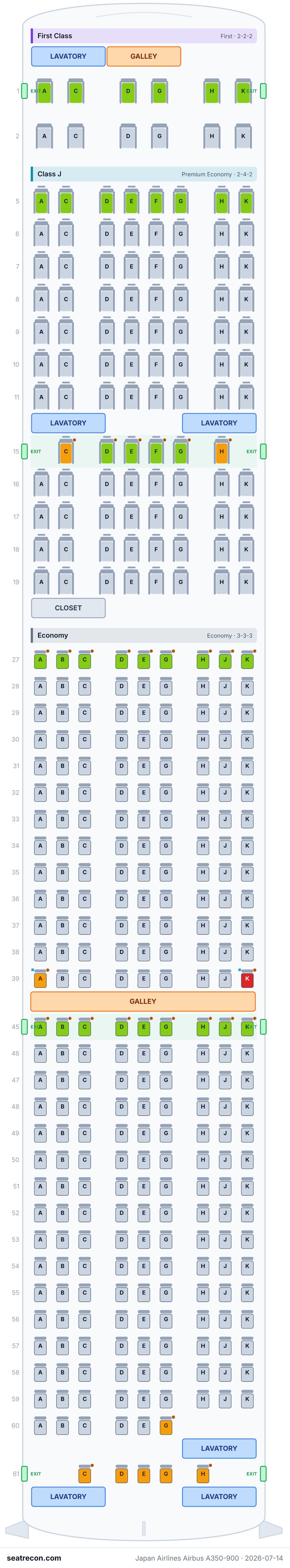 Japan Airlines Airbus A350-900 seat map diagram — First Class, Class J, Economy (369 seats)