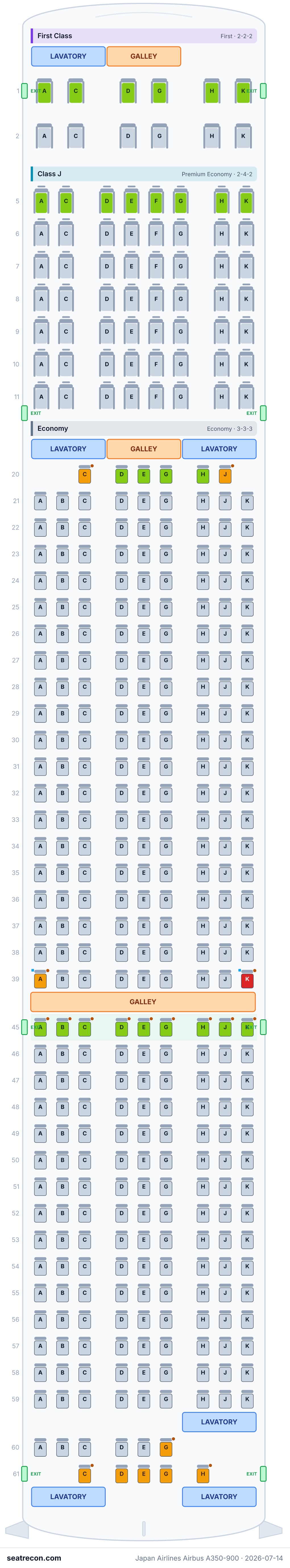 Japan Airlines Airbus A350-900 seat map diagram — First Class, Class J, Economy (391 seats)
