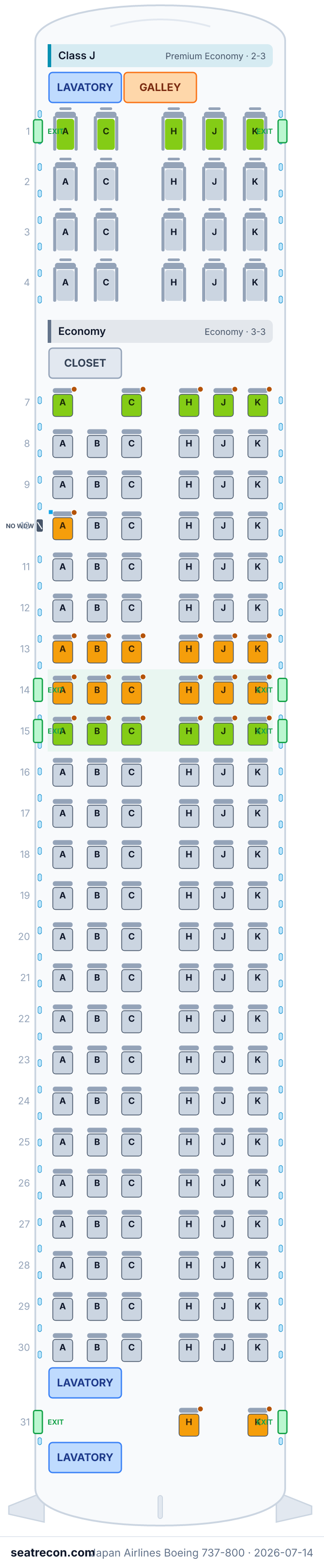Japan Airlines Boeing 737-800 seat map diagram — Class J, Economy (165 seats)