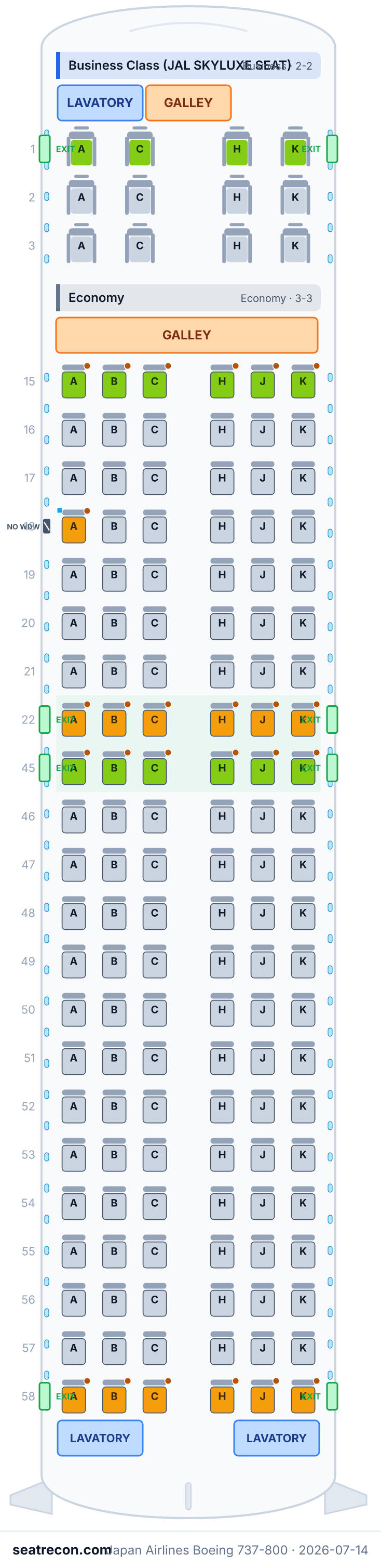 Japan Airlines Boeing 737-800 seat map diagram — Business Class (JAL SKYLUXE SEAT), Economy (144 seats)