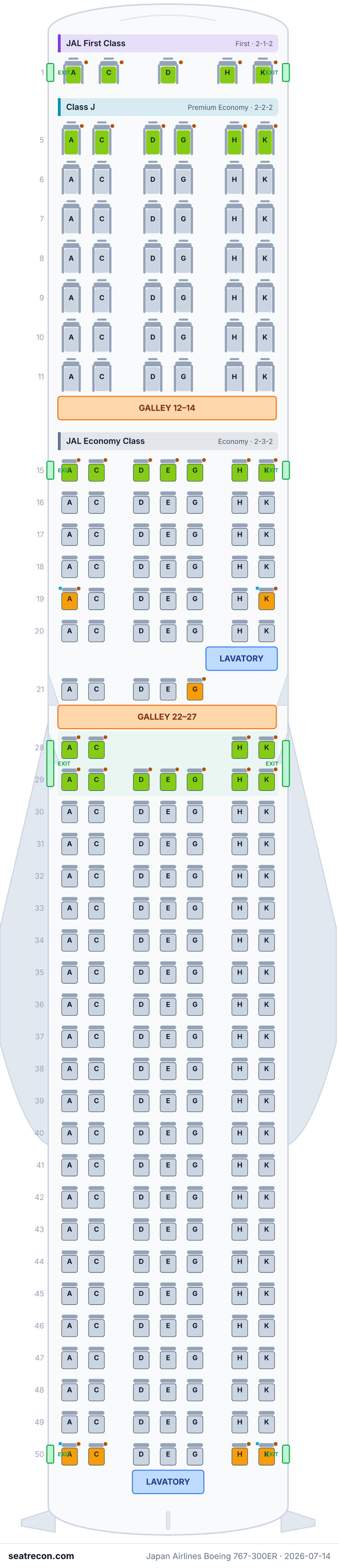 Japan Airlines Boeing 767-300ER seat map diagram — JAL First Class, Class J, JAL Economy Class (252 seats)