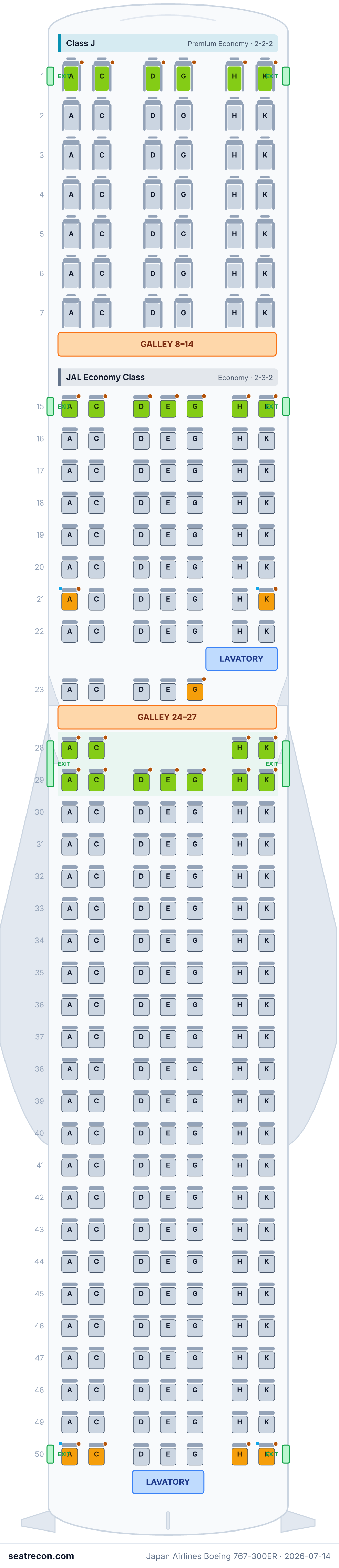 Japan Airlines Boeing 767-300ER seat map diagram — Class J, JAL Economy Class (261 seats)