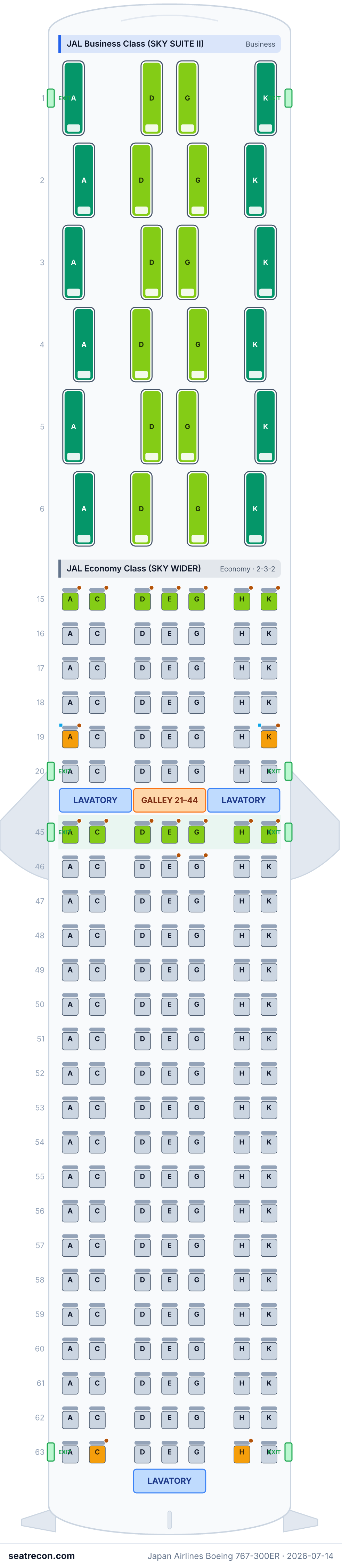 Japan Airlines Boeing 767-300ER seat map diagram — JAL Business Class (SKY SUITE II), JAL Economy Class (SKY WIDER) (199 seats)