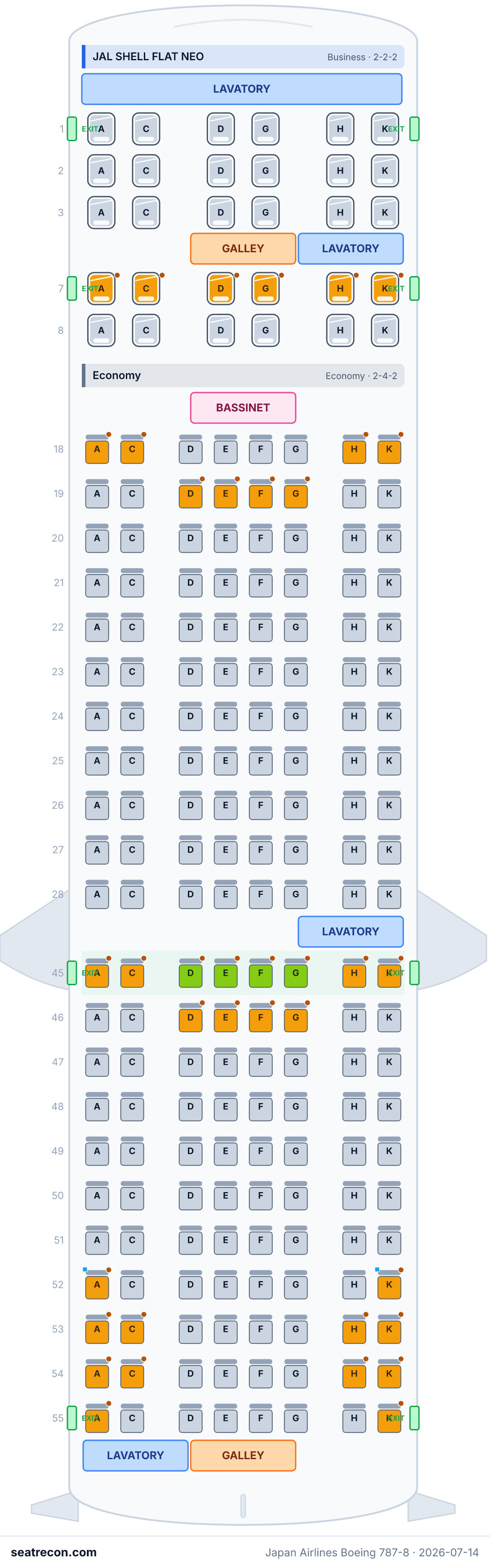 Japan Airlines Boeing 787-8 seat map diagram — JAL SHELL FLAT NEO, Economy (206 seats)