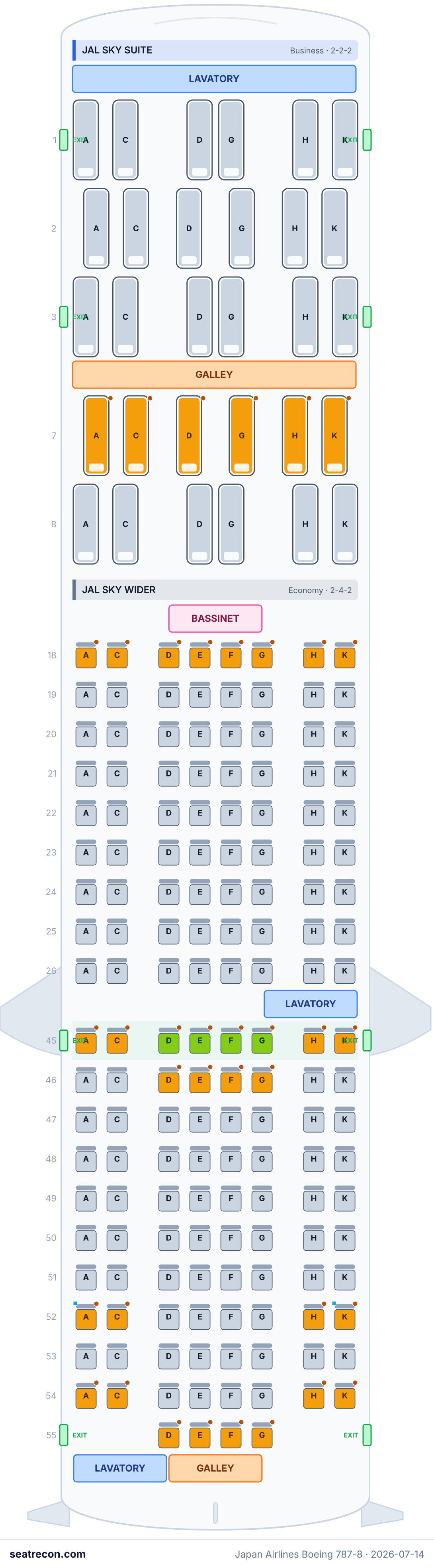 Japan Airlines Boeing 787-8 seat map diagram — JAL SKY SUITE, JAL SKY WIDER (186 seats)