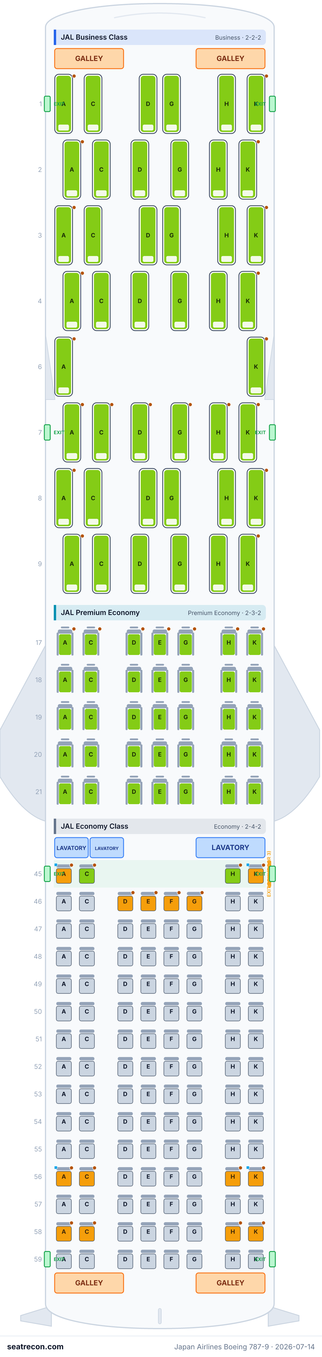 Japan Airlines Boeing 787-9 seat map diagram — JAL Business Class, JAL Premium Economy, JAL Economy Class (195 seats)