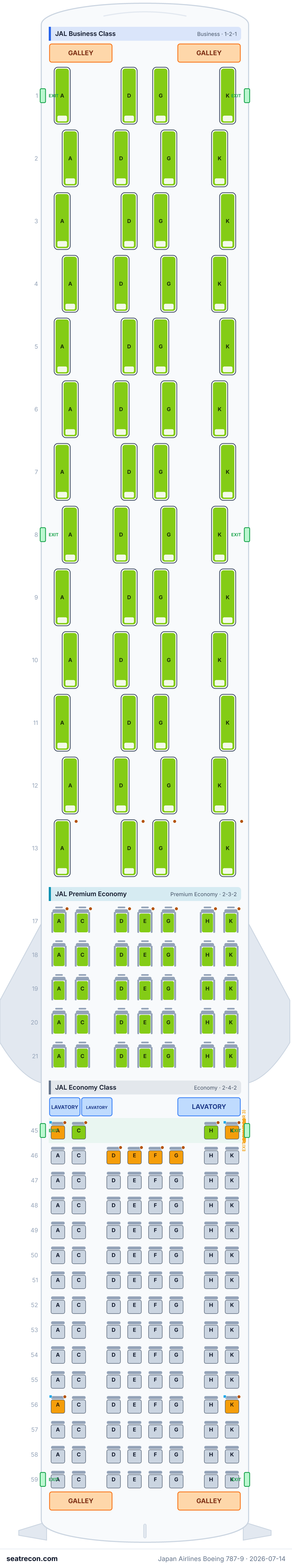 Japan Airlines Boeing 787-9 seat map diagram — JAL Business Class, JAL Premium Economy, JAL Economy Class (203 seats)