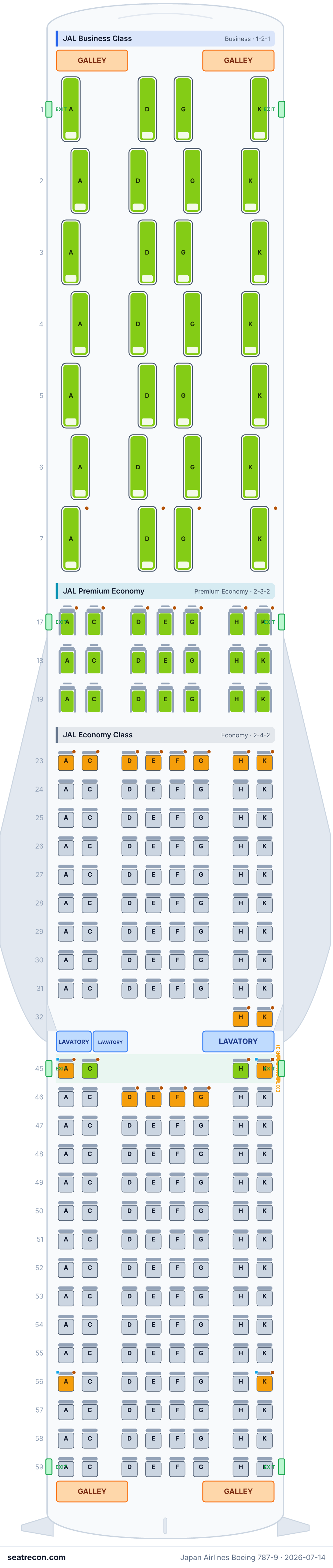 Japan Airlines Boeing 787-9 seat map diagram — JAL Business Class, JAL Premium Economy, JAL Economy Class (239 seats)