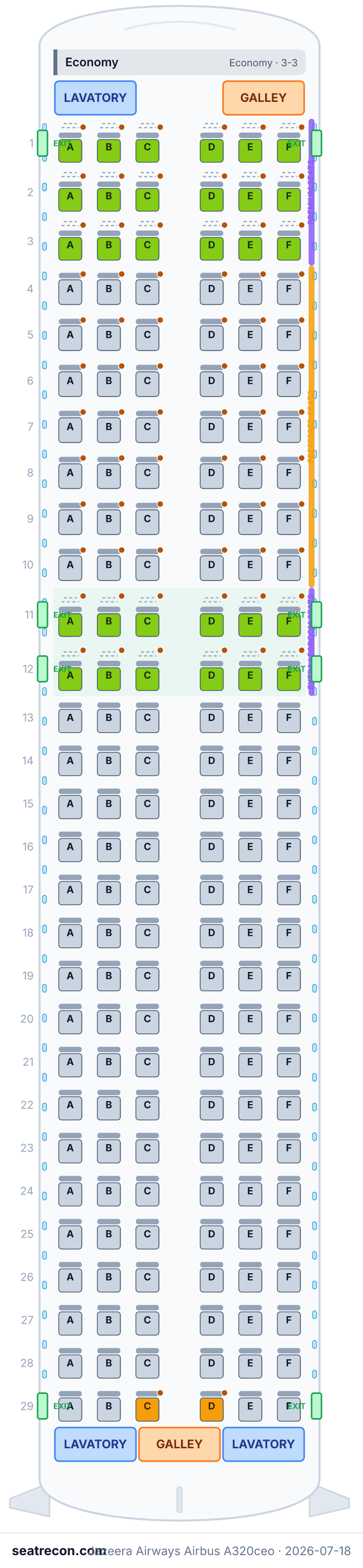 Jazeera Airways Airbus A320ceo seat map diagram — Economy (174 seats)
