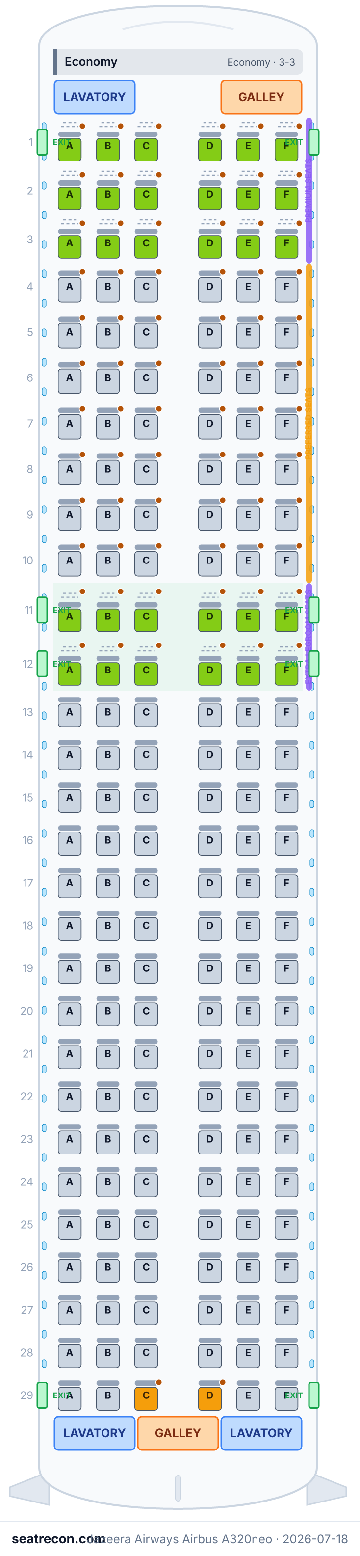 Jazeera Airways Airbus A320neo seat map diagram — Economy (174 seats)