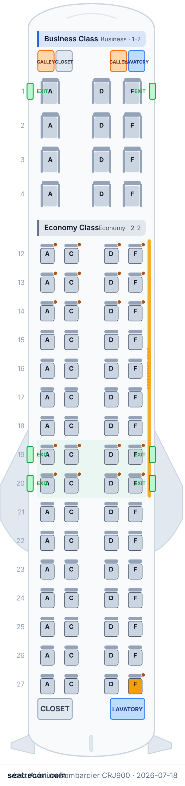 Jazz Aviation Bombardier CRJ900 seat map diagram — Business Class, Economy Class (76 seats)