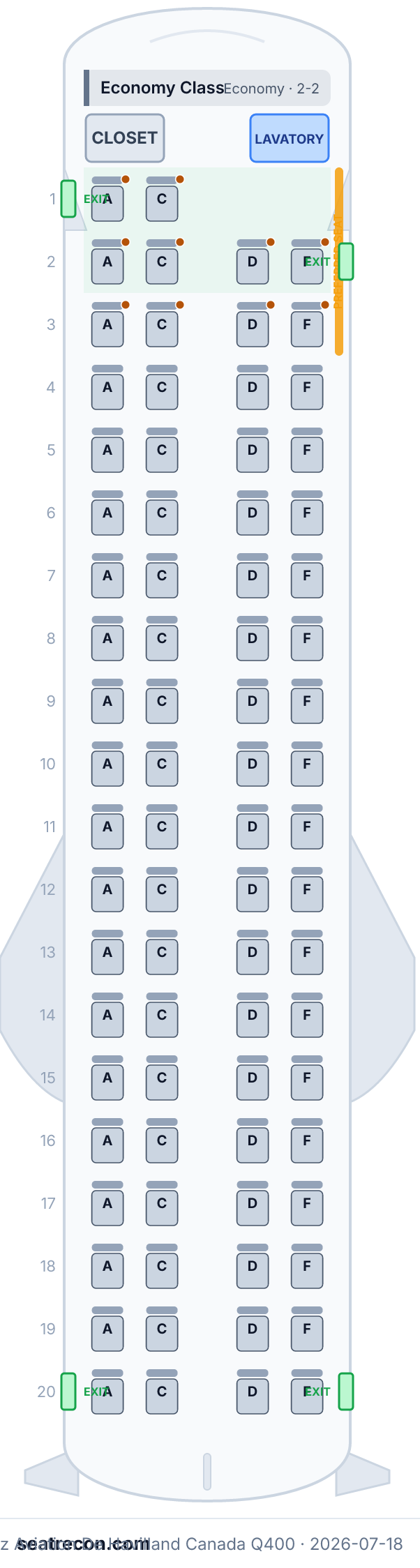 Jazz Aviation De Havilland Canada Q400 seat map diagram — Economy Class (78 seats)