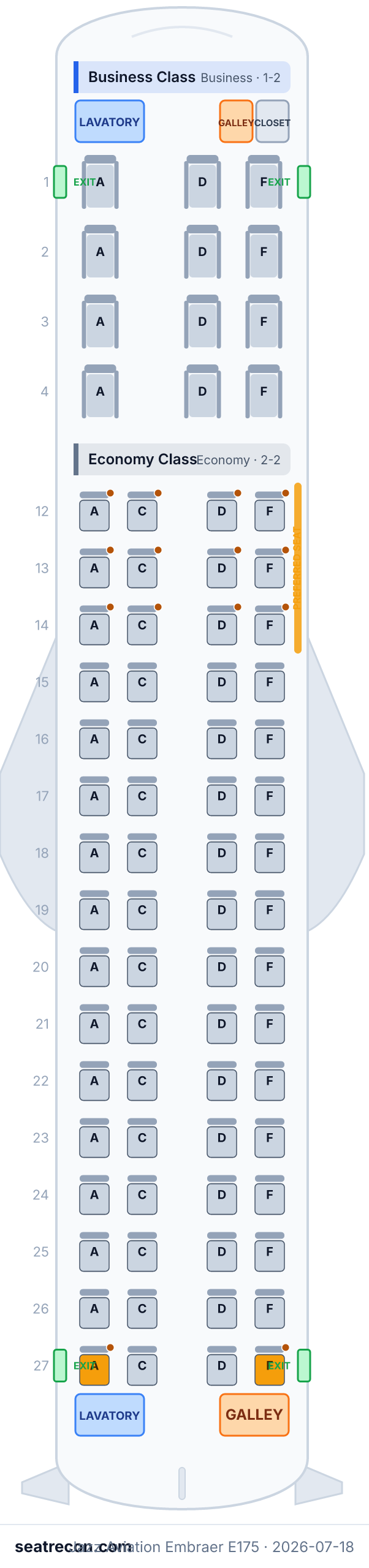Jazz Aviation Embraer E175 seat map diagram — Business Class, Economy Class (76 seats)