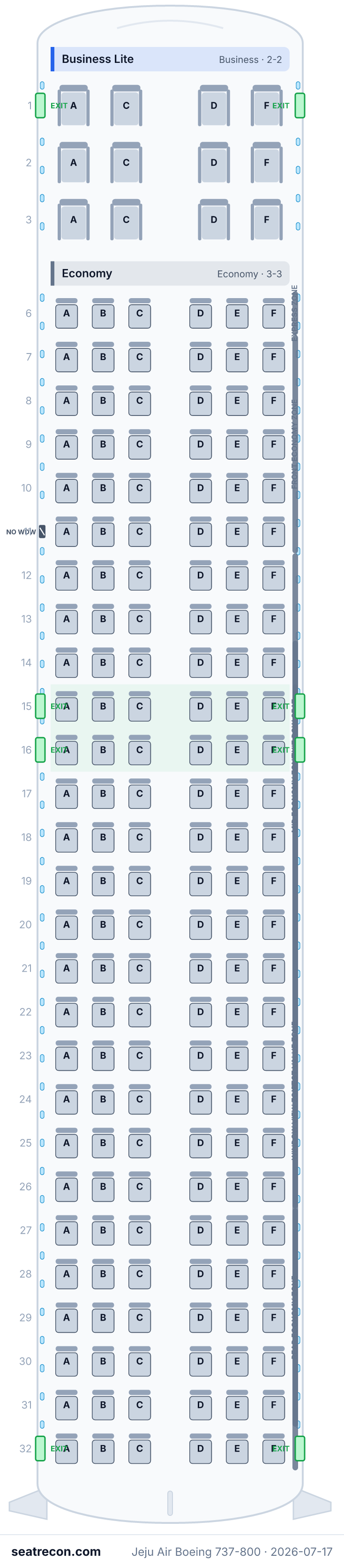 Jeju Air Boeing 737-800 seat map diagram — Business Lite, Economy (174 seats)