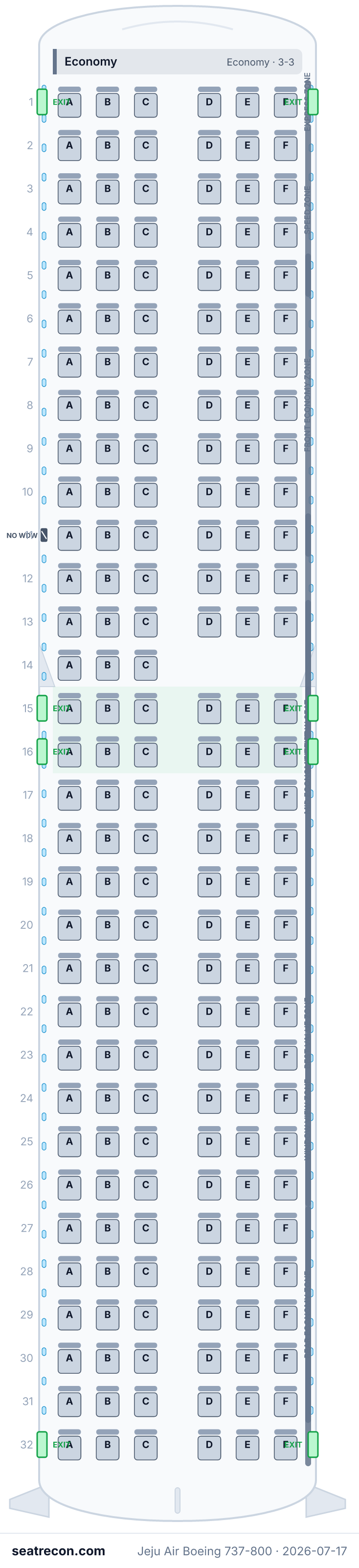 Jeju Air Boeing 737-800 seat map diagram — Economy (189 seats)