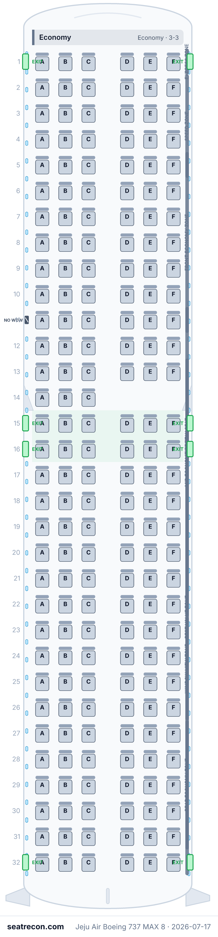 Jeju Air Boeing 737 MAX 8 seat map diagram — Economy (189 seats)