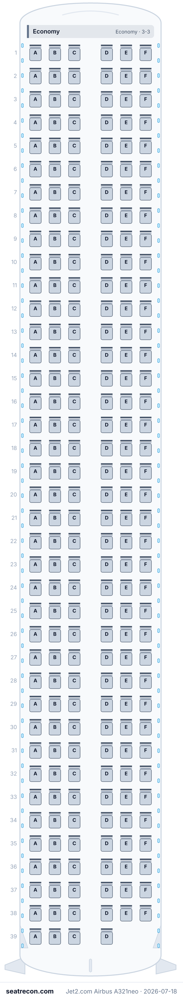 Jet2.com Airbus A321neo seat map diagram — Economy (232 seats)