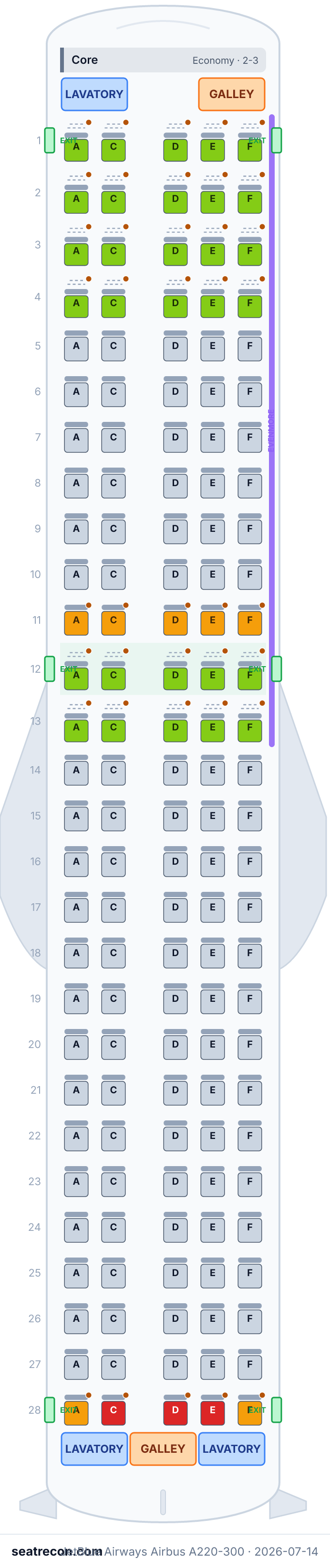 JetBlue Airways Airbus A220-300 seat map diagram — Core (140 seats)