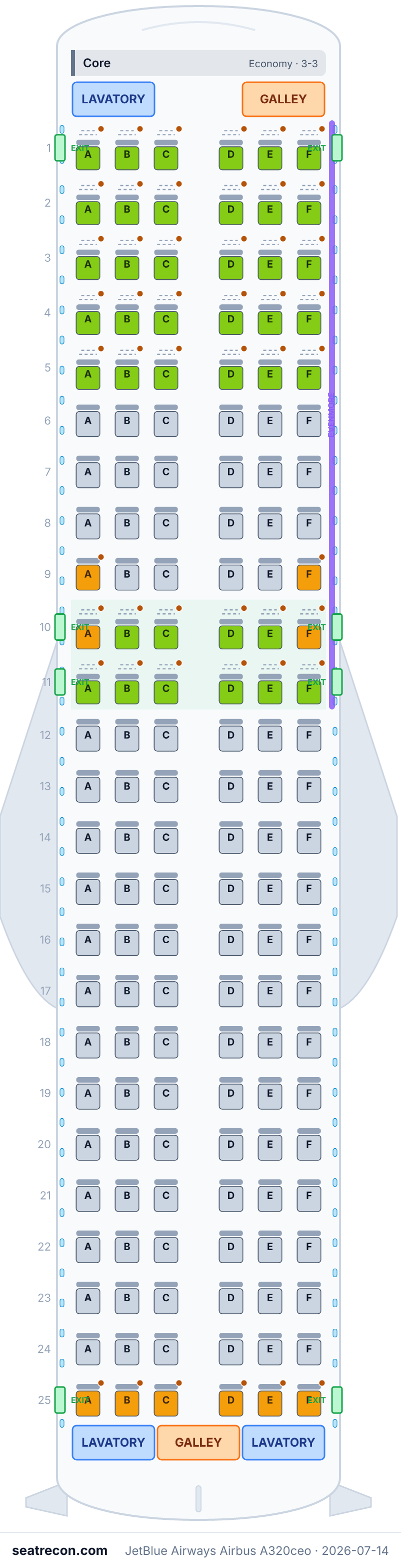 JetBlue Airways Airbus A320ceo seat map diagram — Core (150 seats)