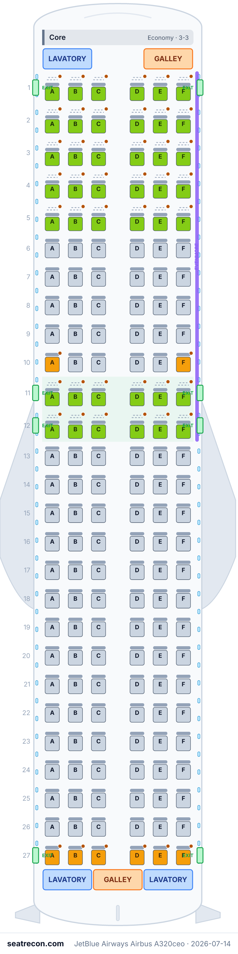JetBlue Airways Airbus A320ceo seat map diagram — Core (162 seats)