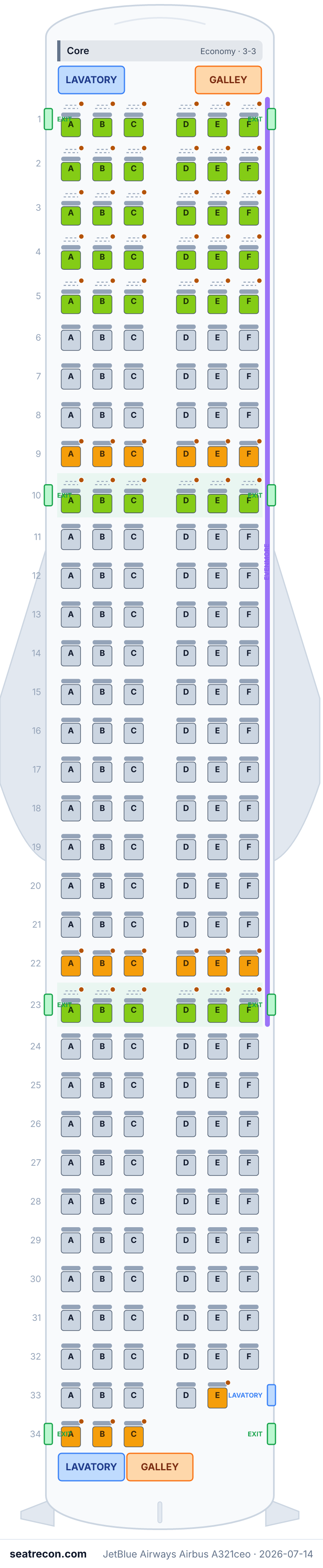 JetBlue Airways Airbus A321ceo seat map diagram — Core (200 seats)