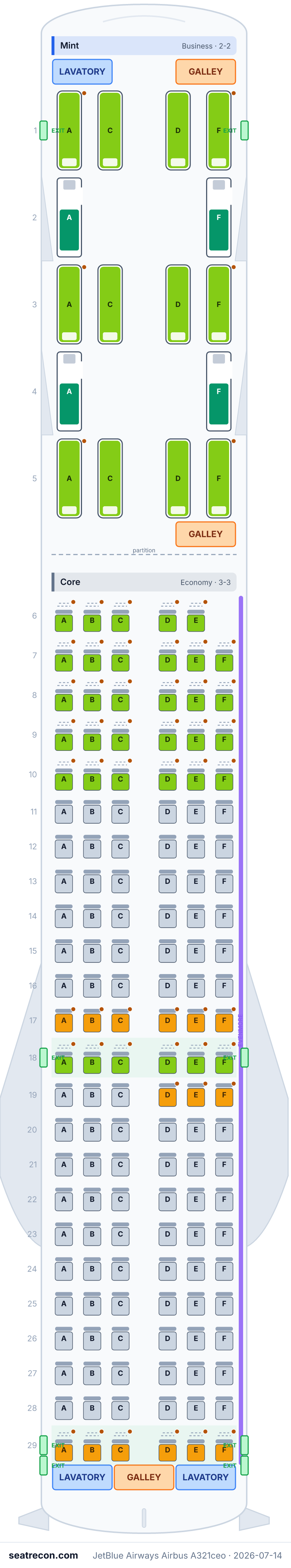 JetBlue Airways Airbus A321ceo seat map diagram — Mint, Core (159 seats)