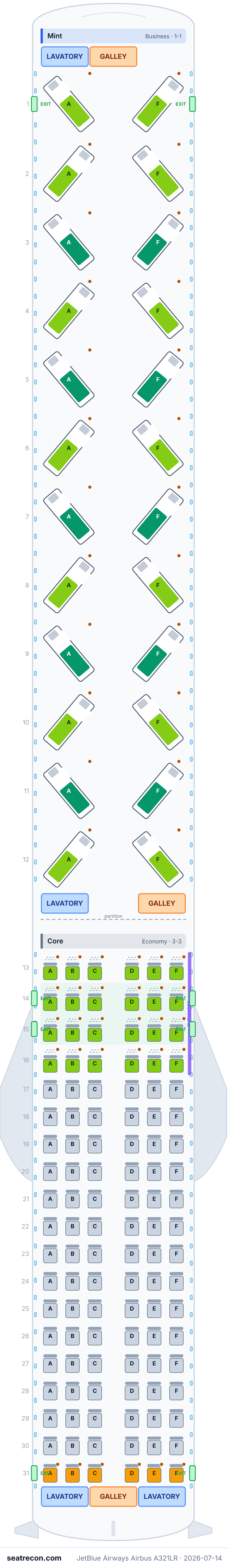 JetBlue Airways Airbus A321LR seat map diagram — Mint, Core (138 seats)