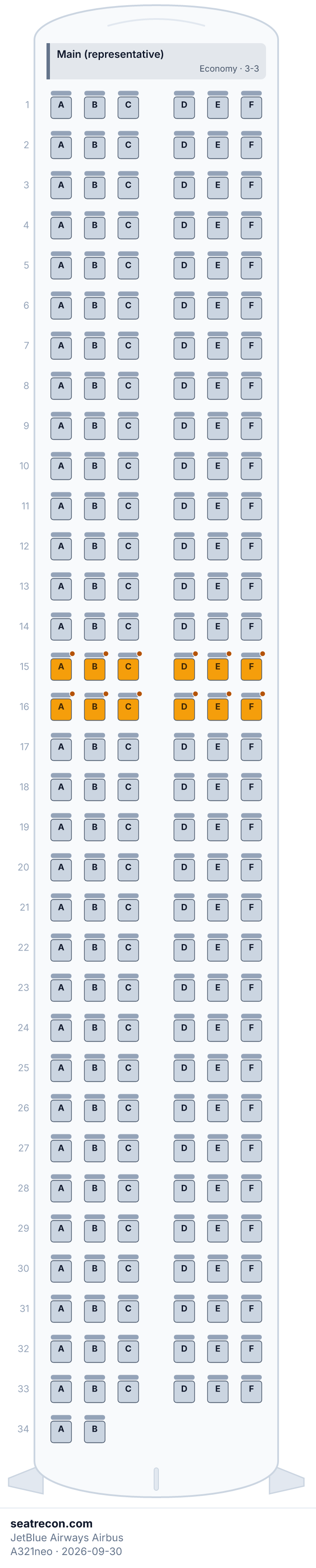 JetBlue Airways Airbus A321neo seat map diagram — Main (representative) (200 seats)