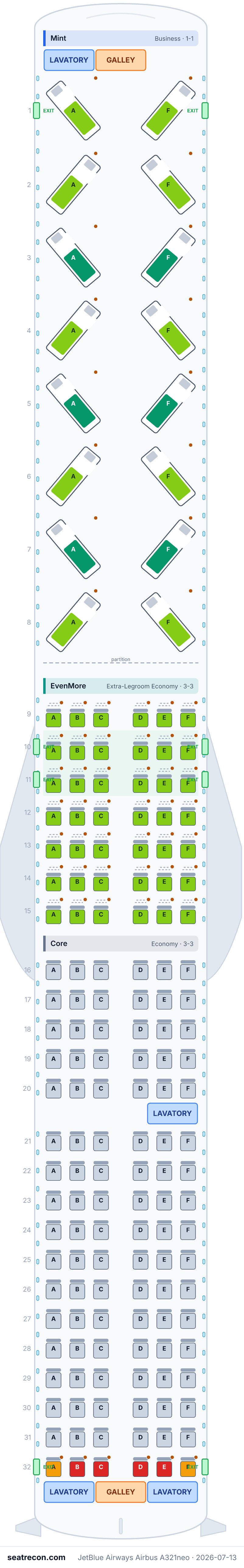 JetBlue Airways Airbus A321neo seat map diagram — Mint, EvenMore, Core (160 seats)