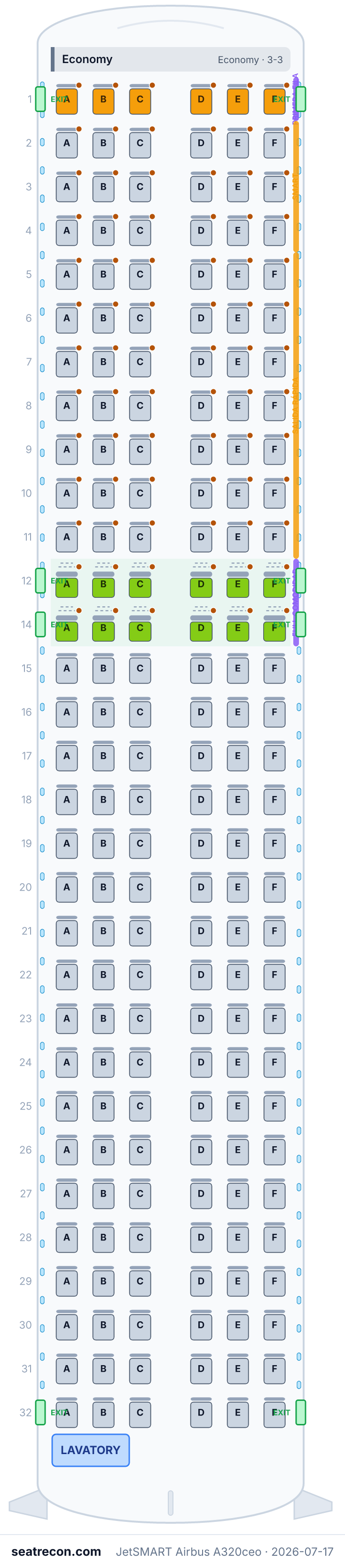 JetSMART Airbus A320ceo seat map diagram — Economy (186 seats)