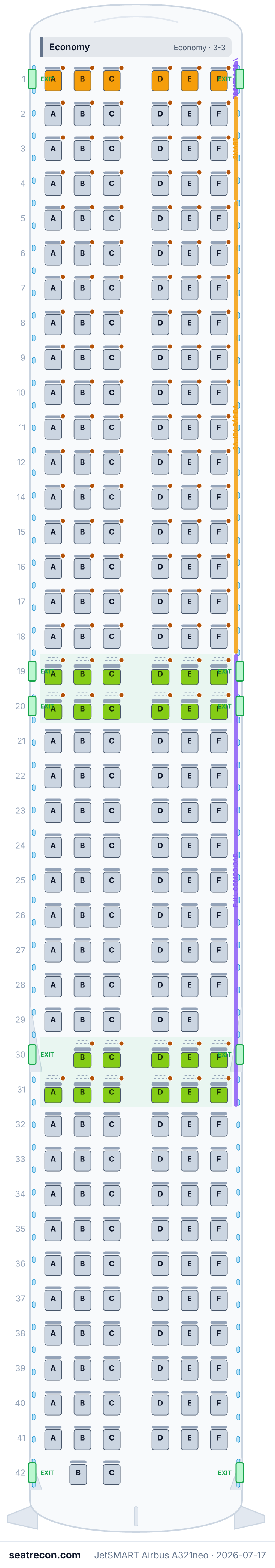 JetSMART Airbus A321neo seat map diagram — Economy (240 seats)