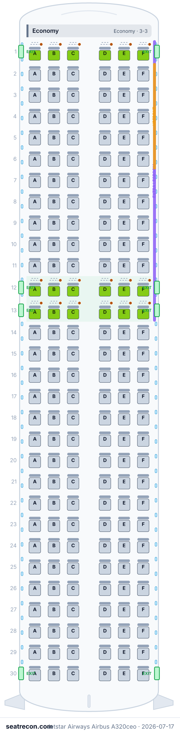 Jetstar Airways Airbus A320ceo seat map diagram — Economy (180 seats)