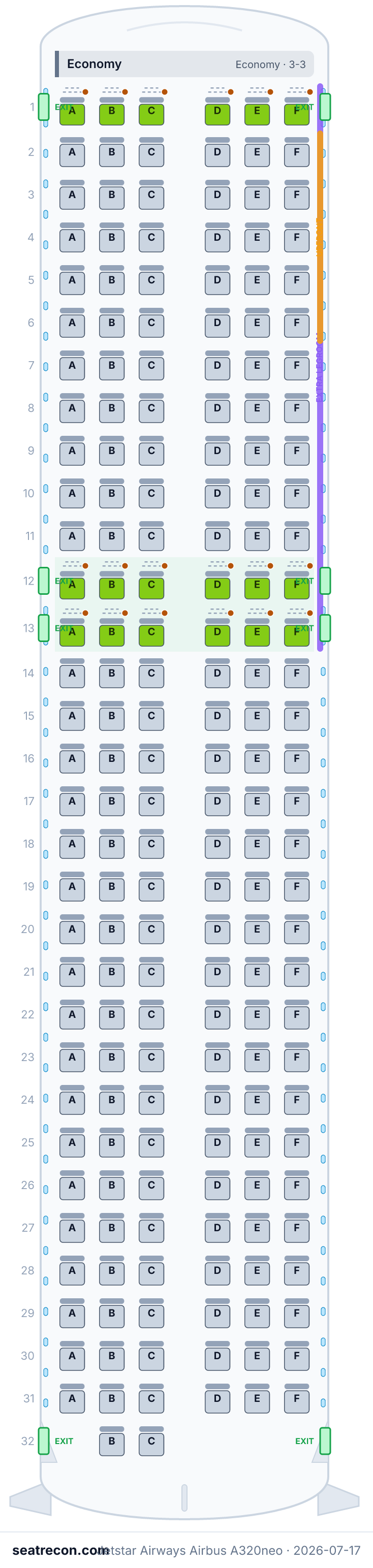 Jetstar Airways Airbus A320neo seat map diagram — Economy (188 seats)