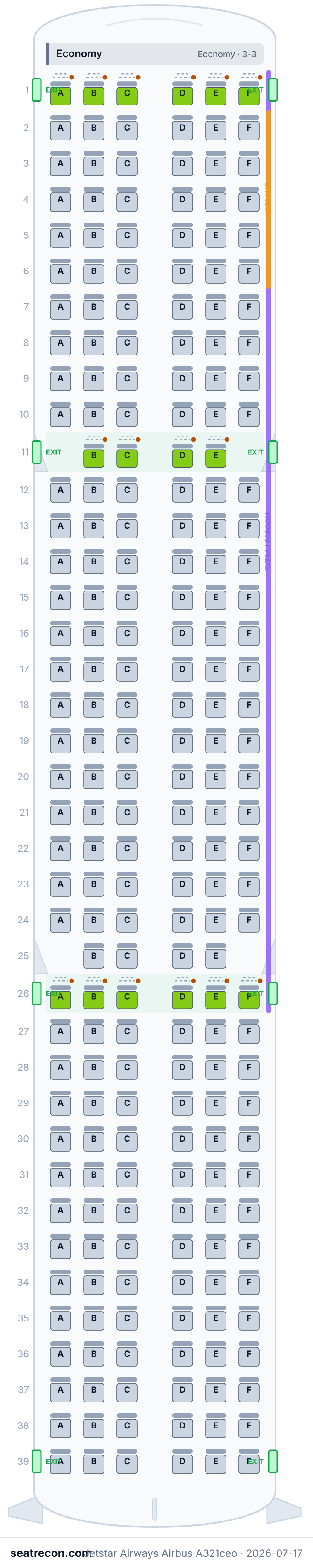 Jetstar Airways Airbus A321ceo seat map diagram — Economy (230 seats)