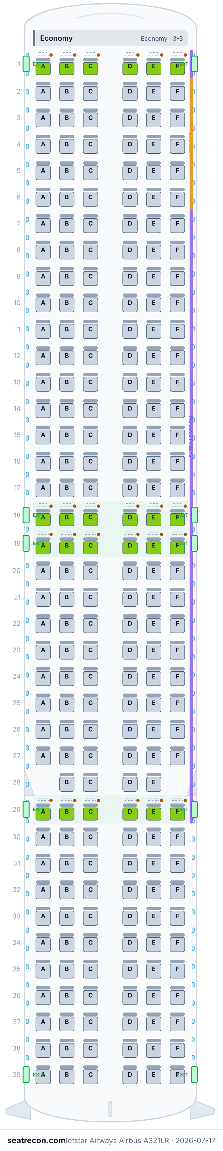 Jetstar Airways Airbus A321LR seat map diagram — Economy (232 seats)