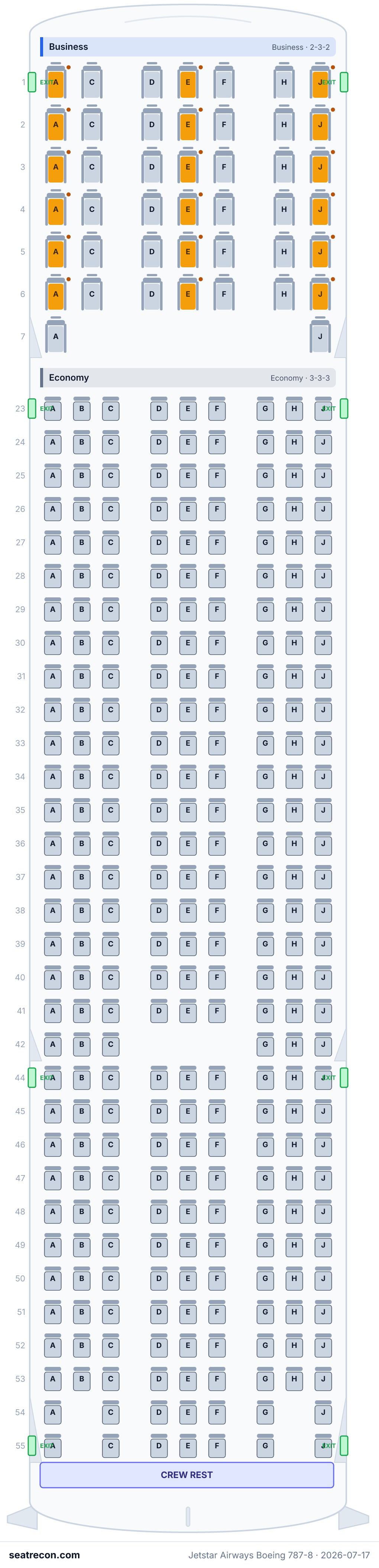 Jetstar Airways Boeing 787-8 seat map diagram — Business, Economy (325 seats)